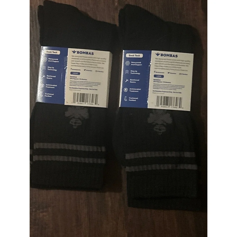 Bombas Mens Ankle Socks Black Grey Stripe Honeycomb Arch Support 2 Pairs Size L